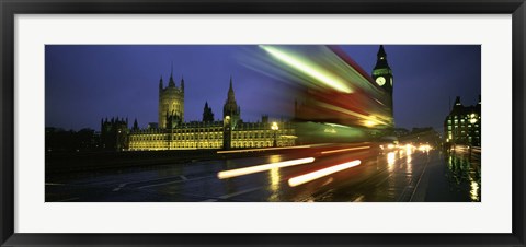 Framed England, London, Houses of Parliament, Traffic moving in the night Print