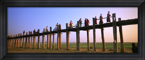 Framed Myanmar, Mandalay, U Bein Bridge, People crossing over the bridge Print