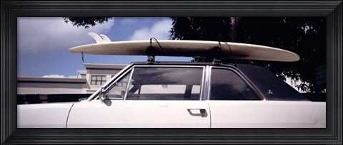 Framed California, Surf board on roof of car Print