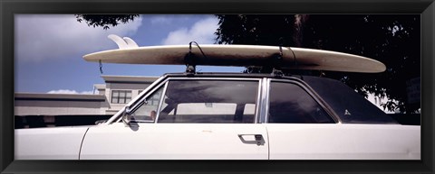 Framed California, Surf board on roof of car Print