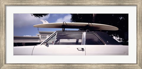 Framed California, Surf board on roof of car Print