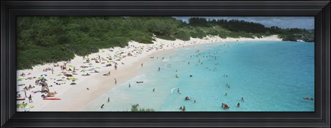 Framed Aerial view of tourists on the beach, Horseshoe Bay, Bermuda Print