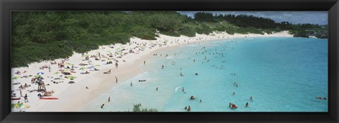 Framed Aerial view of tourists on the beach, Horseshoe Bay, Bermuda Print