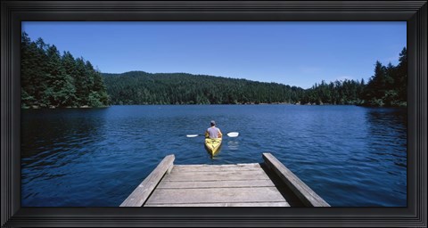 Framed Rear view of a man on a kayak in a river, Orcas Island, Washington State, USA Print