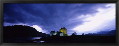 Framed Low Angle View Of A Castle Lit Up At Dusk, Eilean Donan Castle, Highlands, Scotland, United Kingdom Print