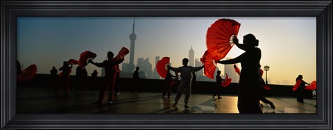 Framed Silhouette Of A Group Of People Dancing In Front Of Pudong, The Bund, Shanghai, China Print