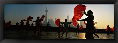 Framed Silhouette Of A Group Of People Dancing In Front Of Pudong, The Bund, Shanghai, China Print