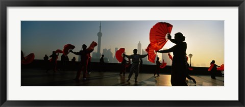 Framed Silhouette Of A Group Of People Dancing In Front Of Pudong, The Bund, Shanghai, China Print