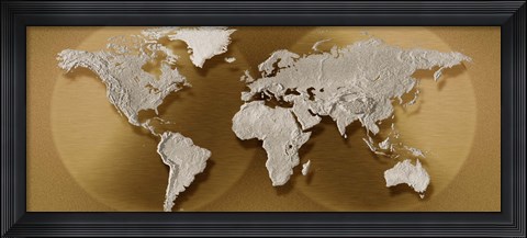 Framed Close-up of a World Map (gold) Print