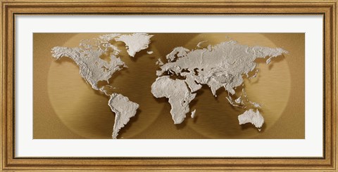 Framed Close-up of a World Map (gold) Print