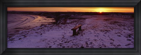 Framed Bench On A Snow Covered Landscape, Filey Bay, Yorkshire, England, United Kingdom Print