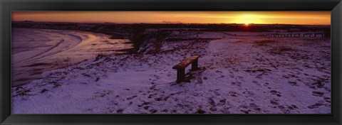 Framed Bench On A Snow Covered Landscape, Filey Bay, Yorkshire, England, United Kingdom Print