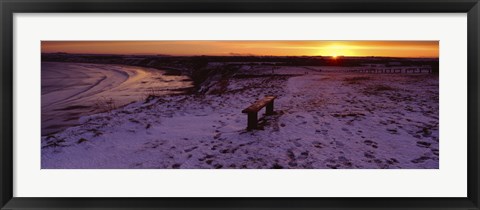 Framed Bench On A Snow Covered Landscape, Filey Bay, Yorkshire, England, United Kingdom Print