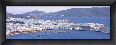 Framed High angle view of a town on the waterfront, Mykonos harbor, Cyclades Islands, Greece Print