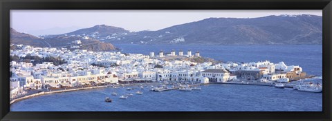 Framed High angle view of a town on the waterfront, Mykonos harbor, Cyclades Islands, Greece Print