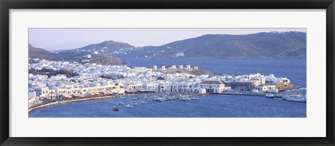 Framed High angle view of a town on the waterfront, Mykonos harbor, Cyclades Islands, Greece Print