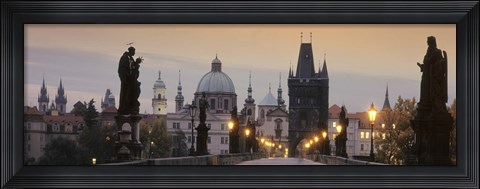 Framed Lit Up Bridge At Dusk, Charles Bridge, Prague, Czech Republic Print