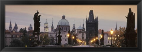 Framed Lit Up Bridge At Dusk, Charles Bridge, Prague, Czech Republic Print