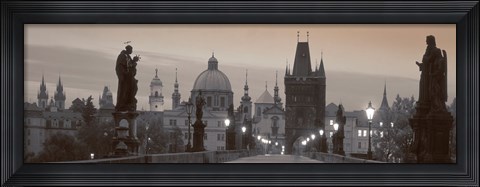 Framed Lit Up Bridge At Dusk, Charles Bridge, Prague, Czech Republic (black and white) Print