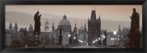 Framed Lit Up Bridge At Dusk, Charles Bridge, Prague, Czech Republic (black and white) Print