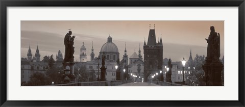 Framed Lit Up Bridge At Dusk, Charles Bridge, Prague, Czech Republic (black and white) Print