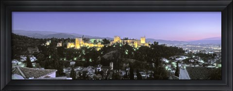 Framed High angle view of a castle lit up at dusk, Alhambra, Granada, Andalusia, Spain Print