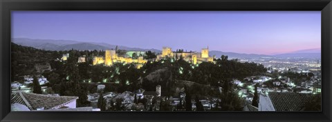 Framed High angle view of a castle lit up at dusk, Alhambra, Granada, Andalusia, Spain Print