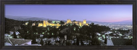 Framed High angle view of a castle lit up at dusk, Alhambra, Granada, Andalusia, Spain Print