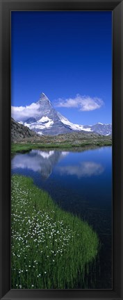 Framed Reflection of a mountain in water, Riffelsee, Matterhorn, Switzerland Print