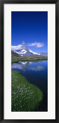 Framed Reflection of a mountain in water, Riffelsee, Matterhorn, Switzerland Print