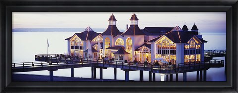 Framed Sea Bridge Lit Up At Dusk, Sellin, Isle Of Ruegen, Germany Print