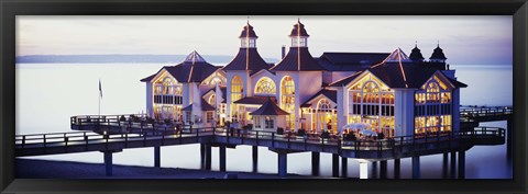 Framed Sea Bridge Lit Up At Dusk, Sellin, Isle Of Ruegen, Germany Print