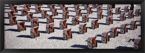 Framed High Angle View Of Beach Baskets On The Beach, Sellin, Isle Of Ruegen, Germany Print