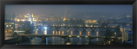 Framed High angle view of a bridge at dusk, Charles Bridge, Prague, Czech Republic Print