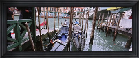 Framed Gondolas moored near a bridge, Rialto Bridge, Grand Canal, Venice, Italy Print
