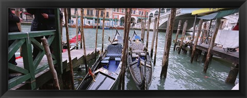 Framed Gondolas moored near a bridge, Rialto Bridge, Grand Canal, Venice, Italy Print