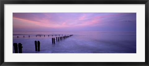 Framed Wooden Posts In Water, Sandsend, Yorkshire, England, United Kingdom Print