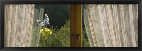 Framed Close-Up Of Flowers And A Butterfly Painted On A Window, Germany Print