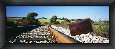 Framed Close-up of a suitcase on a railroad track, Germany Print