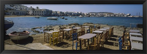 Framed Tables and chairs in a cafe, Greece Print