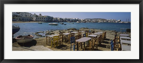 Framed Tables and chairs in a cafe, Greece Print