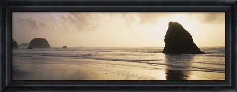 Framed Silhouette of rocks on the beach, Fort Bragg, Mendocino, California Print