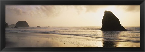 Framed Silhouette of rocks on the beach, Fort Bragg, Mendocino, California Print