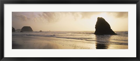 Framed Silhouette of rocks on the beach, Fort Bragg, Mendocino, California Print