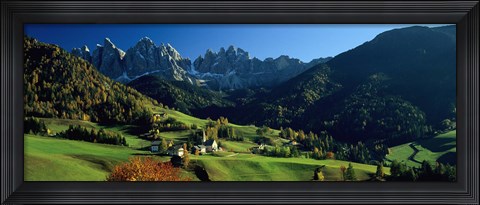 Framed Buildings on a landscape, Dolomites, Funes Valley, Le Odle, Santa Maddalena, Tyrol, Italy Print