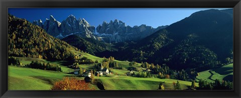 Framed Buildings on a landscape, Dolomites, Funes Valley, Le Odle, Santa Maddalena, Tyrol, Italy Print