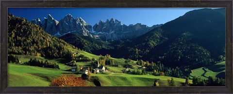 Framed Buildings on a landscape, Dolomites, Funes Valley, Le Odle, Santa Maddalena, Tyrol, Italy Print
