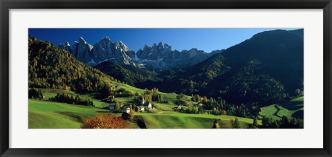 Framed Buildings on a landscape, Dolomites, Funes Valley, Le Odle, Santa Maddalena, Tyrol, Italy Print