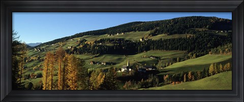 Framed Buildings on a landscape, Dolomites, Funes Valley, Tyrol, Italy Print