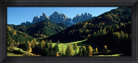 Framed Trees on a landscape, Dolomites, Funes Valley, Le Odle, Santa Maddalena, Tyrol, Italy Print